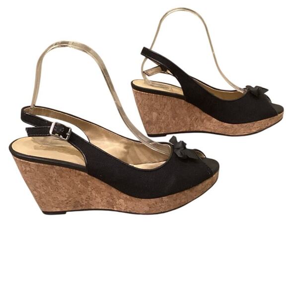 Trotters Womens Wedge Sandals US 8 Slingback Black Tan Cork Heels Beachy Resort - Picture 3 of 10